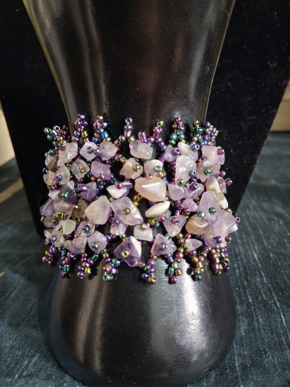 Handmade Wide African Amethyst Chip Bead Cuff Bracelet AB Seed Beads Boho